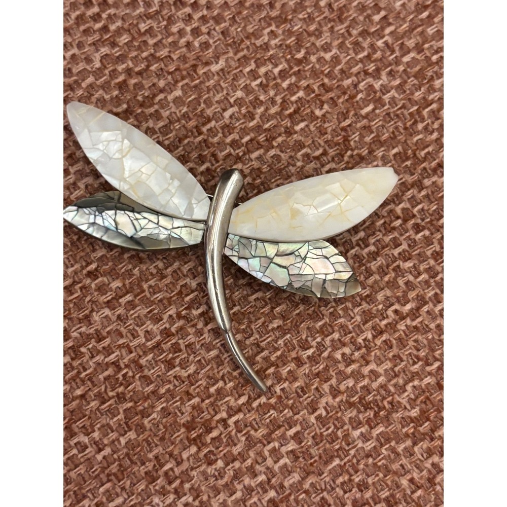Silver Tone Dragonfly Brooch Mother of Pearl Abalone Shell Inlay Pin 2 Inch - Picture 2 of 4
